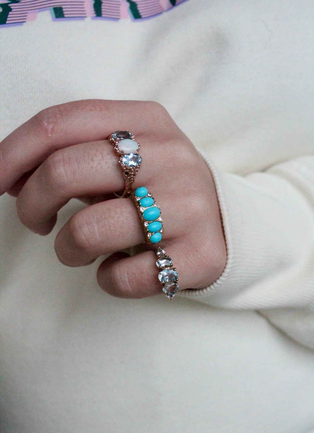 Victorian Blue Topaz & Opal Trilogy Ring