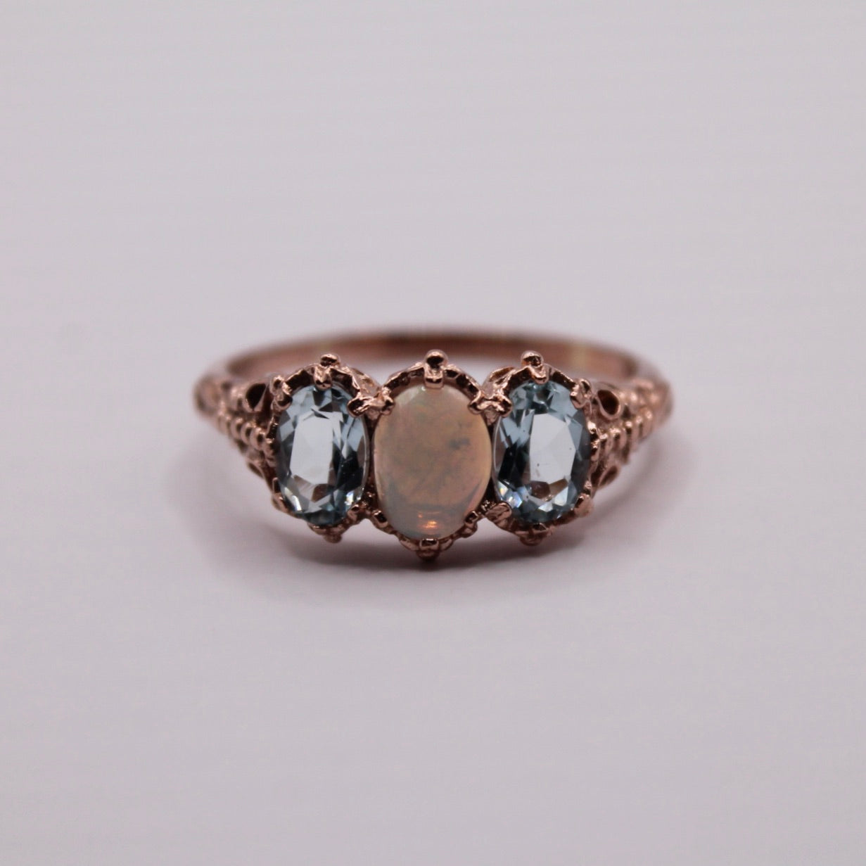 Victorian Blue Topaz & Opal Trilogy Ring