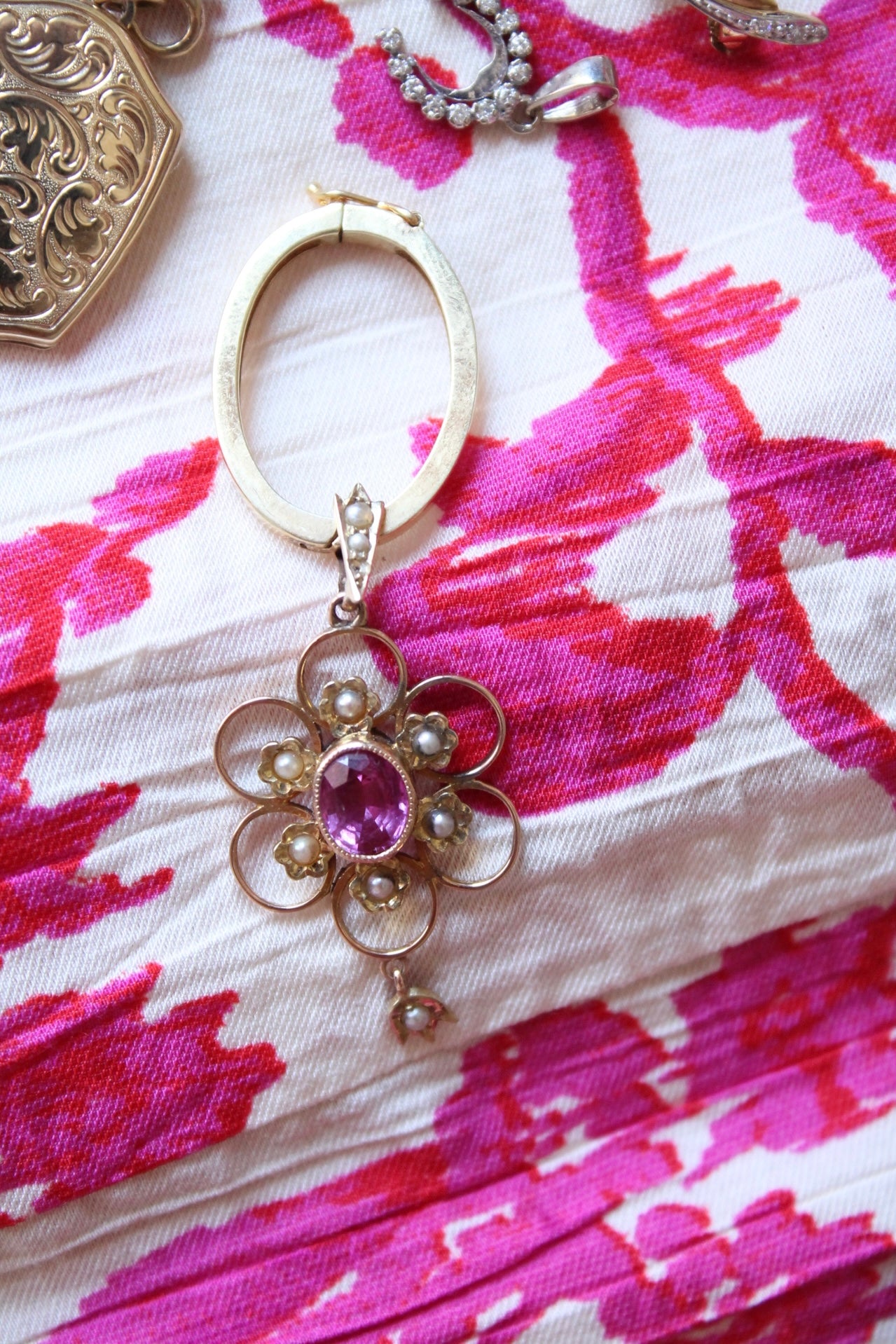 Antique Tourmaline & Seedpearl Flower Pendant
