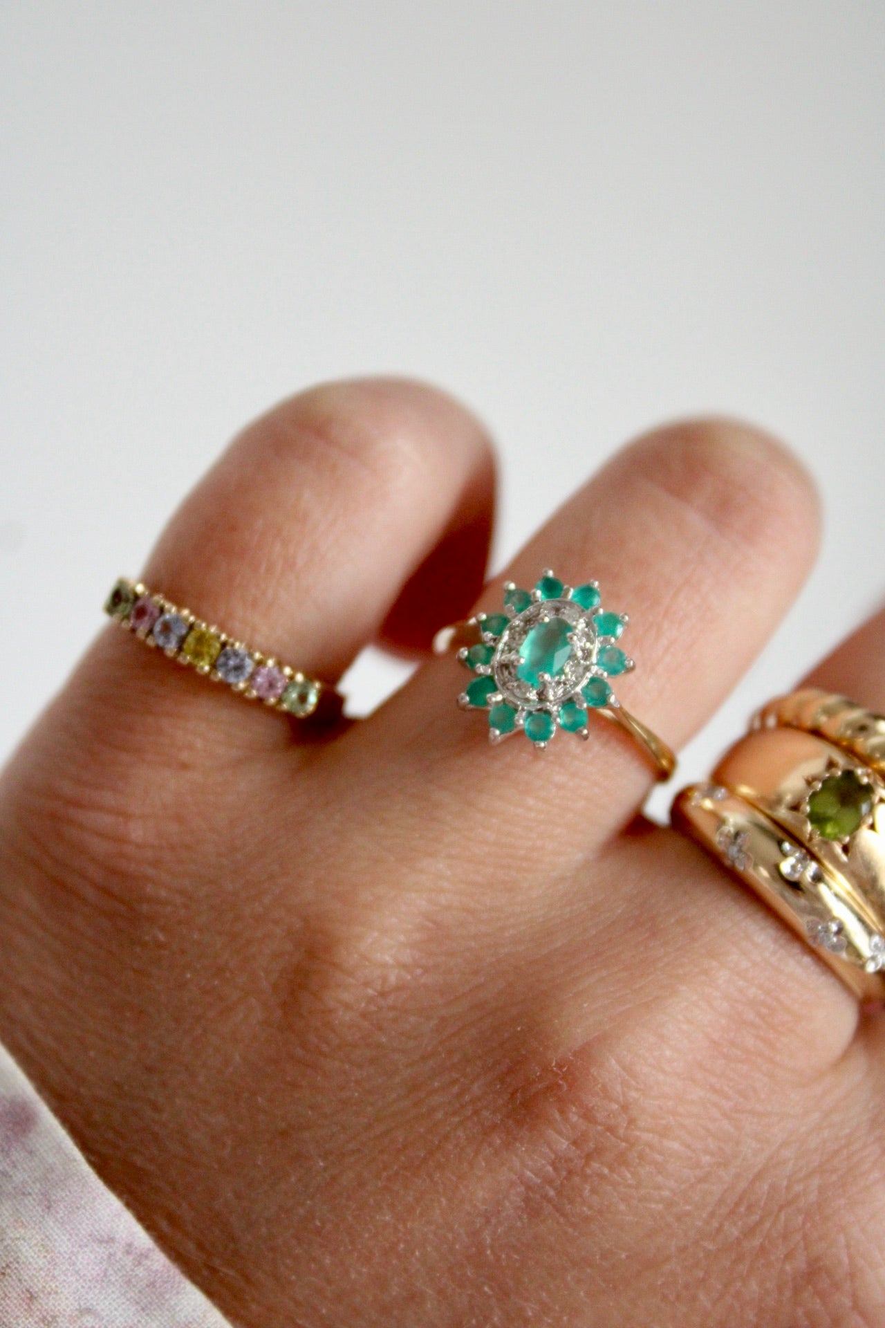 Green Agate & Diamond Flower Ring