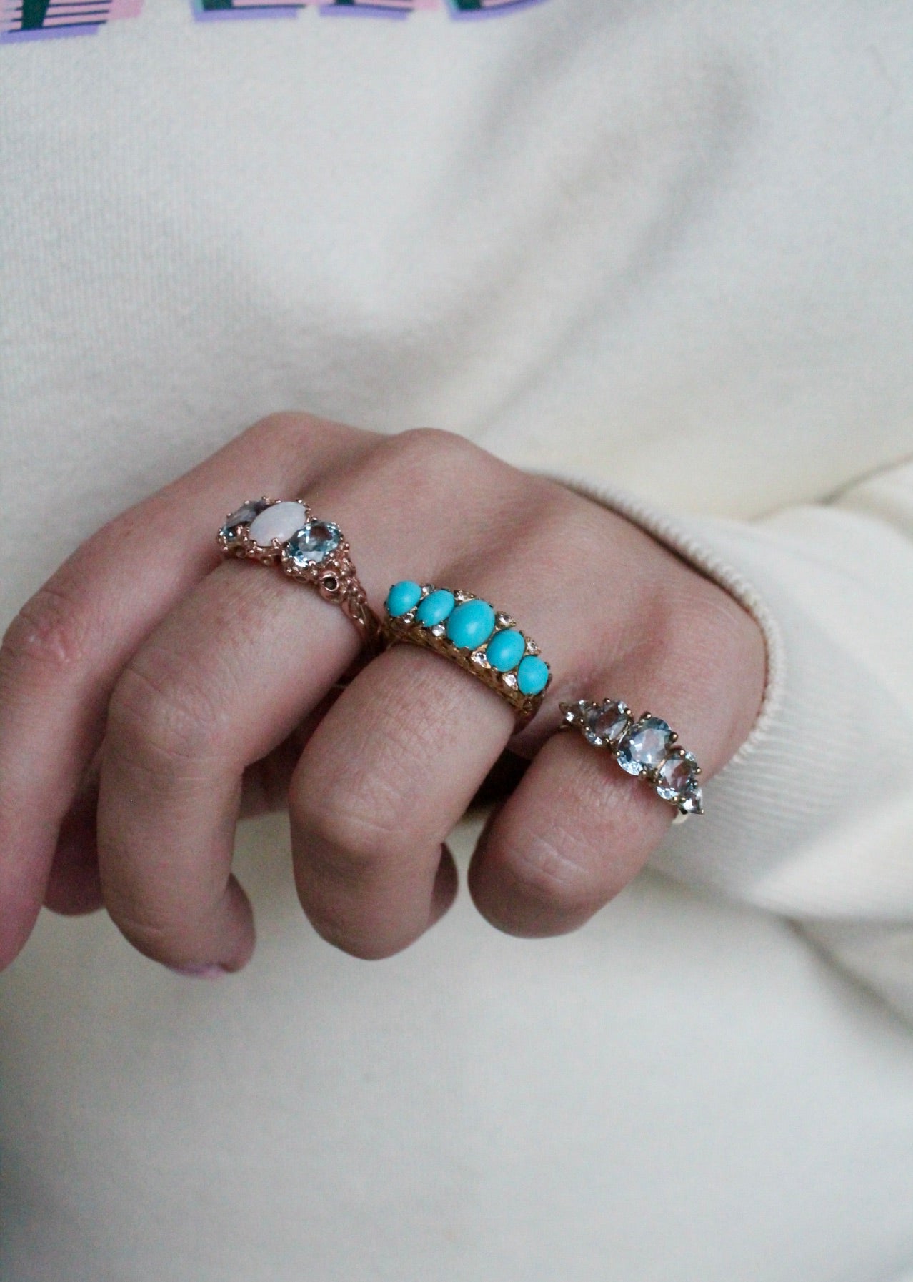 Victorian Blue Topaz & Opal Trilogy Ring