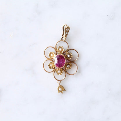 Antique Tourmaline & Seedpearl Flower Pendant