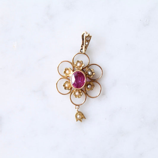Antique Tourmaline & Seedpearl Flower Pendant