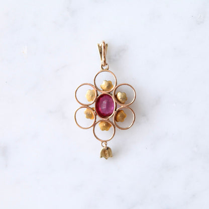 Antique Tourmaline & Seedpearl Flower Pendant
