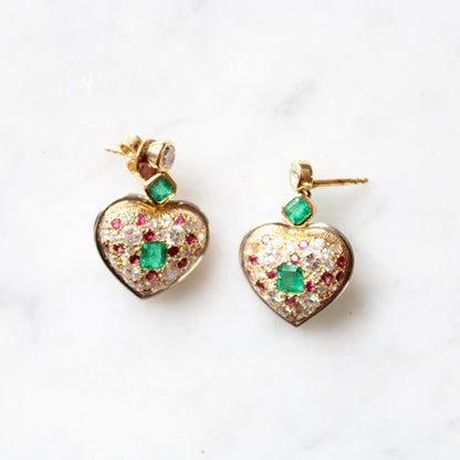 Diamond, Emerald & Ruby Statement Heart Earrings