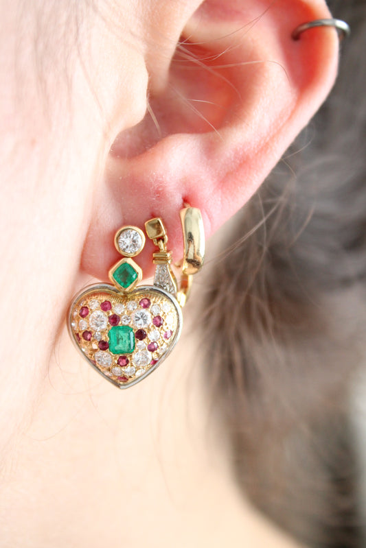 Diamond, Emerald & Ruby Statement Heart Earrings