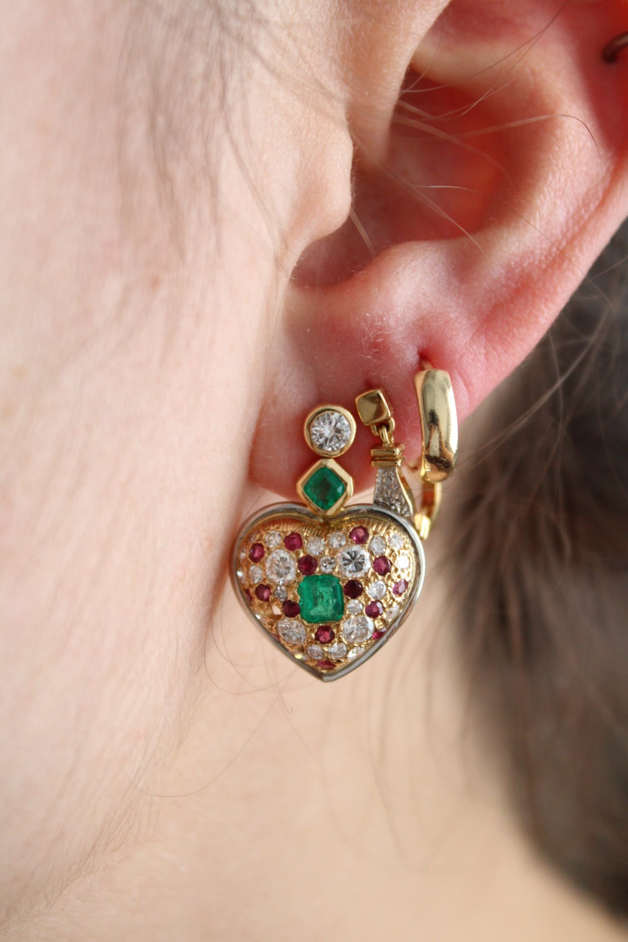 Diamond, Emerald & Ruby Statement Heart Earrings