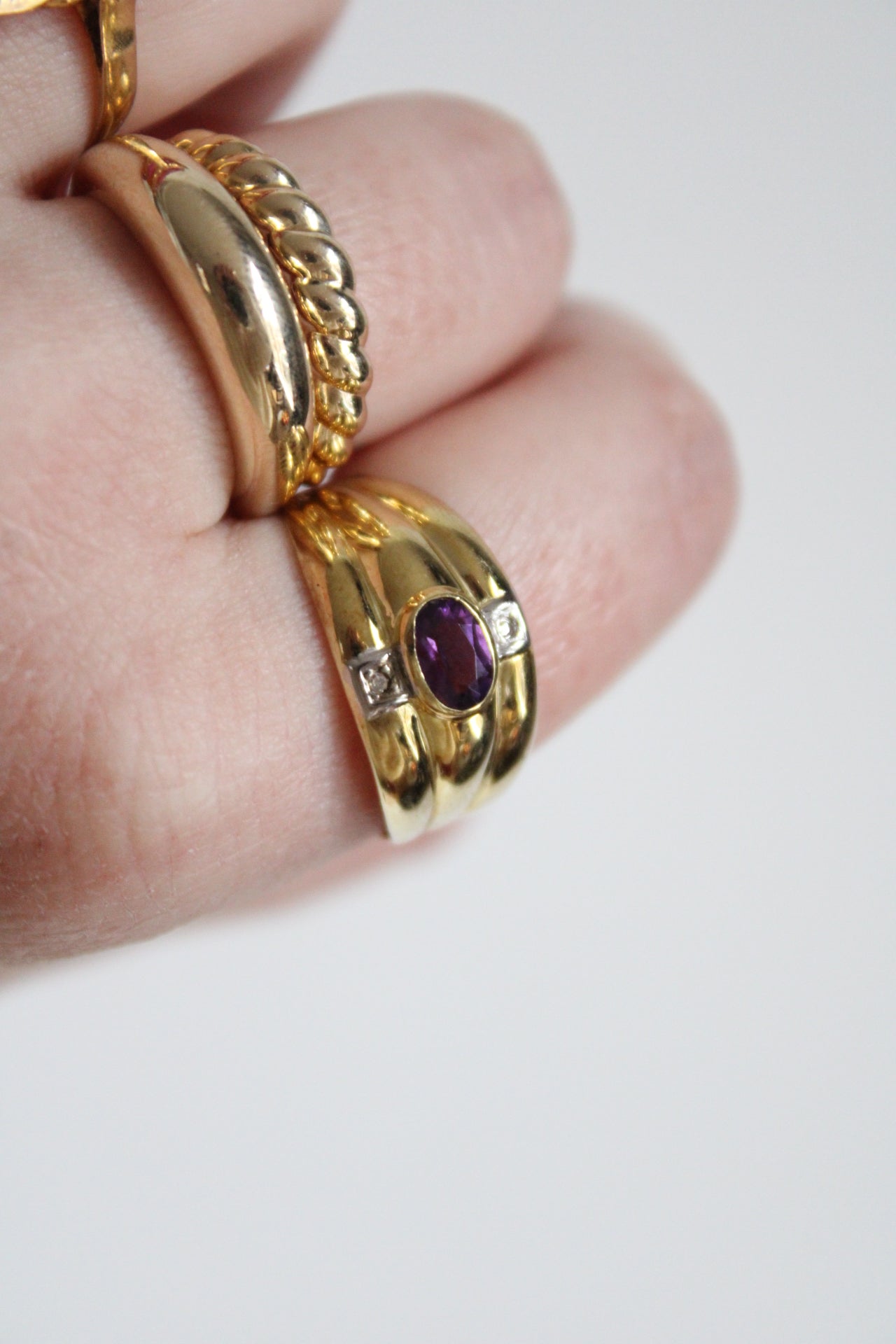 Amethyst & Diamond Triple Band Ring