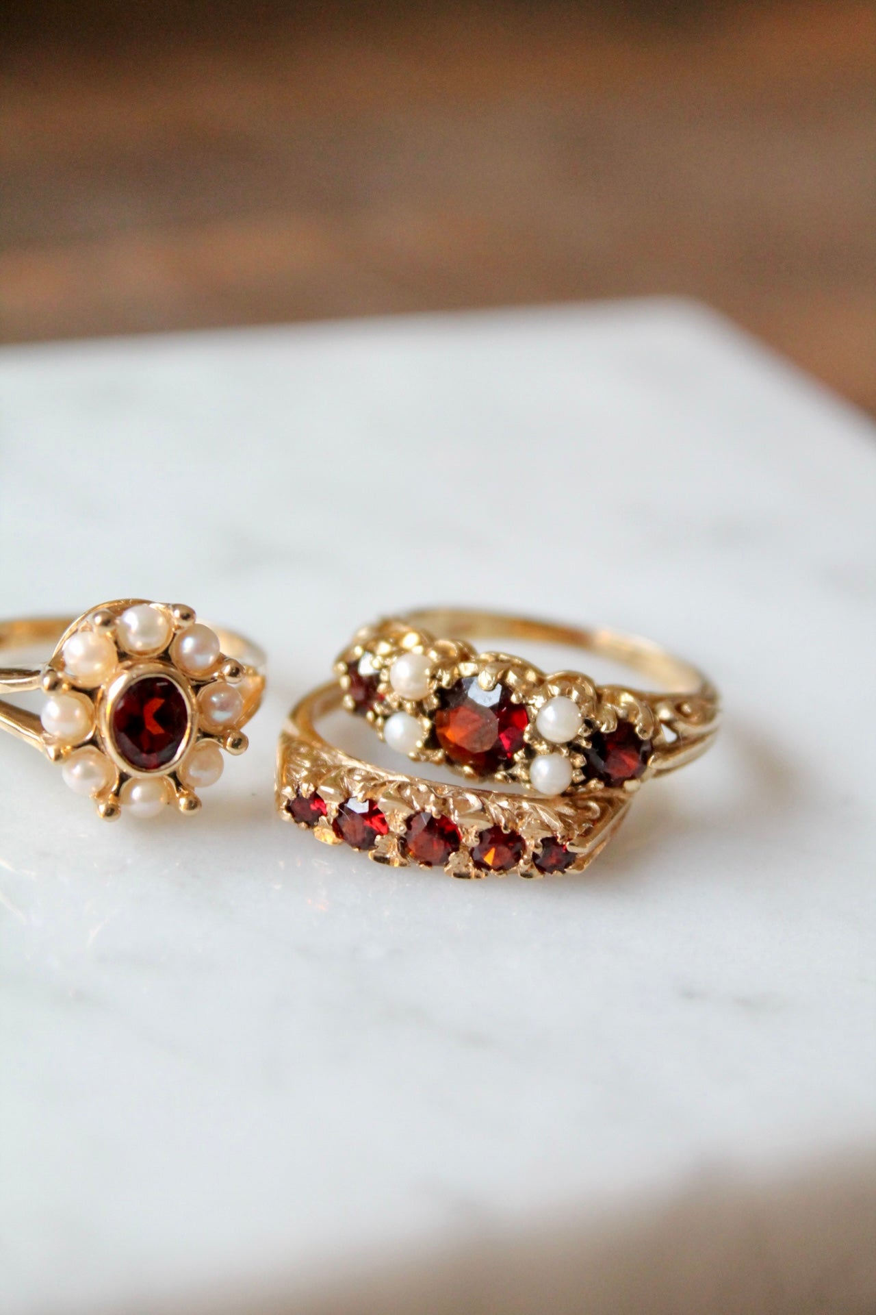 Garnet & Pearl Flower Ring