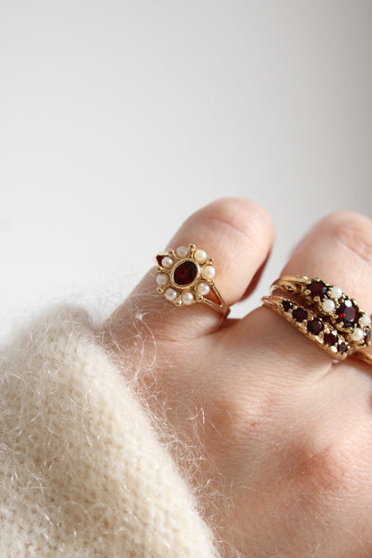 Garnet & Pearl Flower Ring