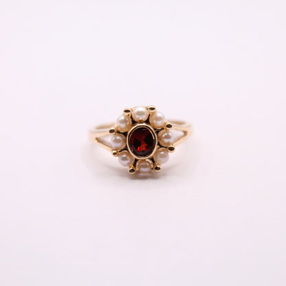 Garnet & Pearl Flower Ring