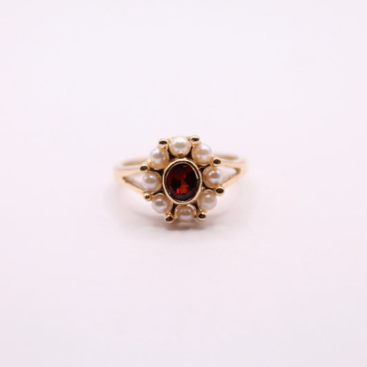 Garnet & Pearl Flower Ring