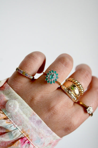 Green Agate & Diamond Flower Ring